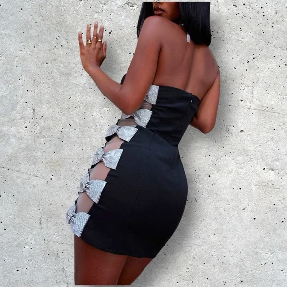 😘 Fashion Nova Bow Embellished Black Strapless Mini Dress 😘 - Picture 3 of 10